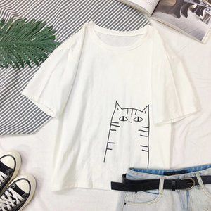 Cat Print Short-Sleeve White T-Shirt